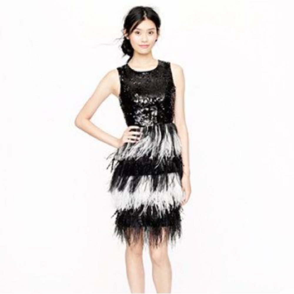 New J. Crew Collection Silk Ostrich Feather Sequin Mini Dress Black White Formal